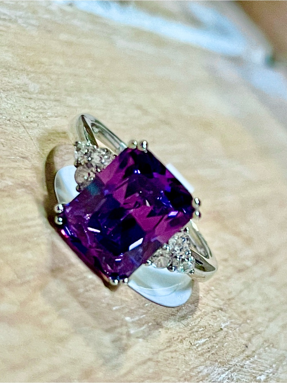 Genuine Amethyst Ring with Side Accents Set in 925 Sterling Silver